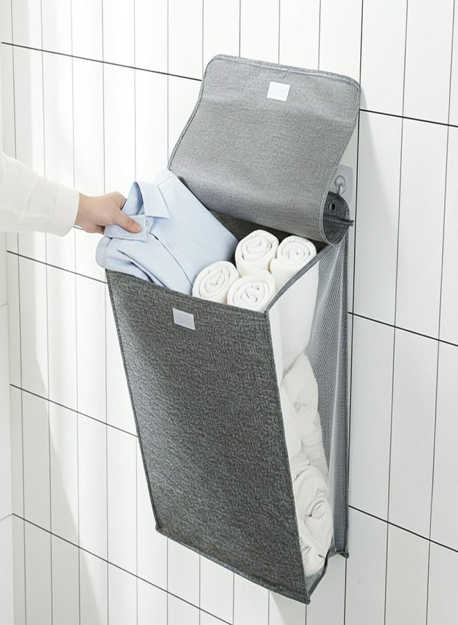 CLAPONE Wall Hanging Laundry Basket Collapsible Laundry Hamper with Handle & Laundry Balls Foldable Space-Saving Dirty Clothes Organizer for Bathroom & Bedroom (Grey, Large) - Image 1